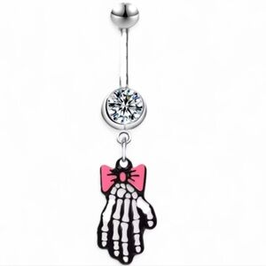 Skeleton Hand Belly Ring with Pink Bow New